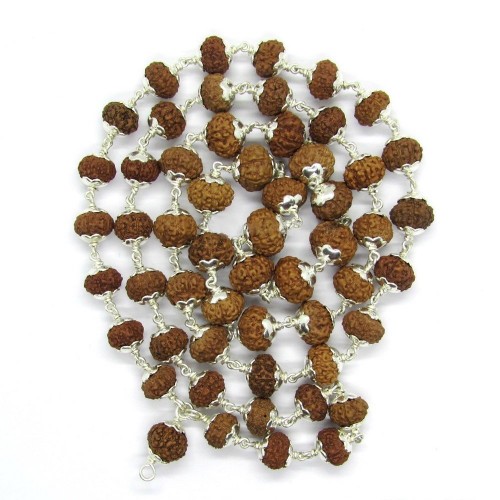 9 Mukhi Indonesian Rudraksha Mala 54 Beads In Silver (10mm-11mm)